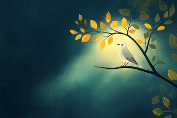 Wall Mural - Minimalist House Sparrow bird illuminated by a beam of light while perched on a branch surrounded by golden leaves, set against a deep, dark background. The scene is atmospheric and calm.

