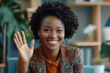 Wall Mural - A woman with curly hair is smiling and waving at the camera, generative ai image