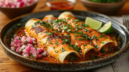 A plate of enchiladas with a side of guacamole and salsa. The dish is colorful and appetizing, with a variety of toppings and sauces. The presentation is inviting and makes the food look delicious