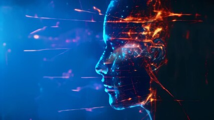 Aufkleber - Glowing digital profile of a face surrounded by abstract light trails, symbolizing artificial intelligence and futuristic technology. Ideal for concepts of AI and cybernetics