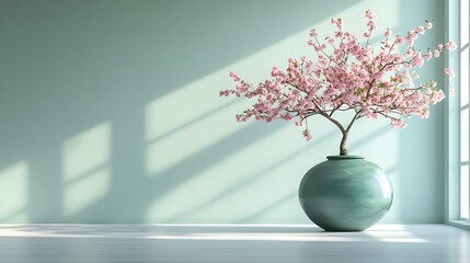 Wall Mural - Blooming Pink Flowers in a Round Vase Against a Mint Green Wall