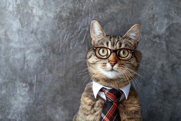 Poster - A cat wearing glasses and a tie is staring at the camera, generative ai image