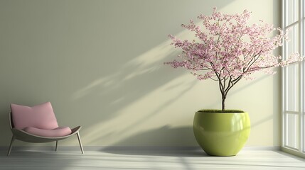 Wall Mural - Pink Chair and Blooming Tree in a Minimalist Room