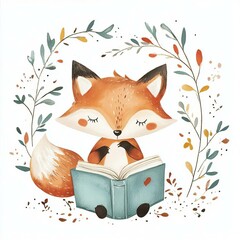 Cute Fox Reading a Book in a Watercolor Illustration