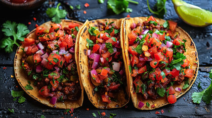 Wall Mural - Three tacos with tomatoes and onions on a black plate. The tacos are garnished with lime and cilantro