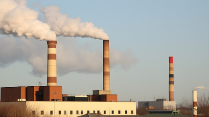 smoke emissions from two factory chimneys causing air pollution. generative ai