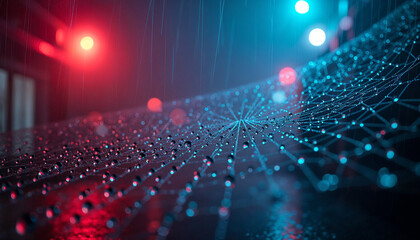 Wall Mural - a spider web with dew drops in a blurred glowing blue and red lights on a dark background with a blu