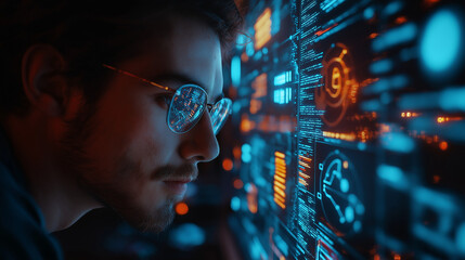 Person in glasses is looking at a futuristic display screen with glowing lights