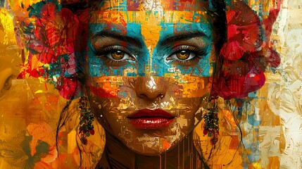 Wall Mural - Abstract Portrait of a Woman with Floral Headband and Colorful Background