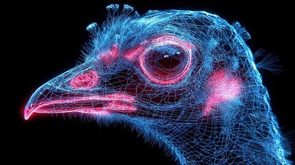   A zoom-in of a bird's head with a glowing red eye on a dark backdrop