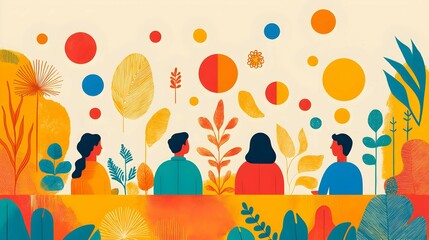 Abstract People Illustration with Colorful Circles  Leaves  and Plants