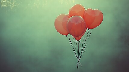 Poster -   Red balloons float in blue-green sky with shining sun through cloudy clouds