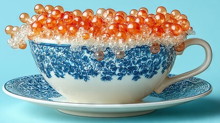 Sticker -   A blue coffee cup with orange beads on a white saucer against a blue backdrop