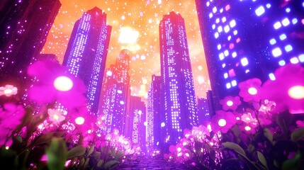 Wall Mural -  Digital painting of city nightscape with flowers in foreground and building lights in background