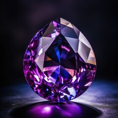 a purple teardrop shaped amethyst with shiny facets that sparkle against a dark background