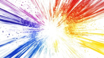 Radiant starburst explosion with dynamic red, yellow, blue, and purple lines, spreading outward on a white background, enriched with a gradient