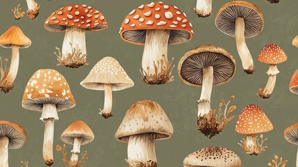 Wall Mural -   Mushroom cluster on green background with brown and white dots