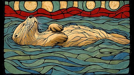 Sticker -   A sea lion swims in a reddish-orange sky, set against a calm blue body of water