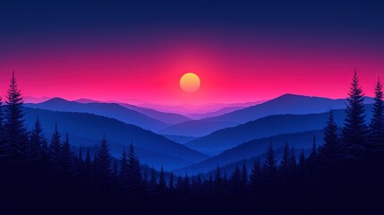 Poster -   A breathtaking painting captures a stunning sunset behind a majestic mountain range, framed by trees in the foreground