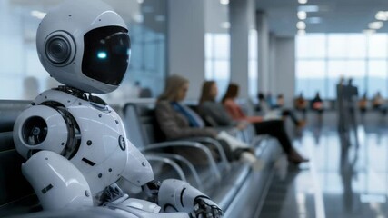 Poster - Futuristic robot sitting in a modern waiting room with people in the background. Symbolizing AI integration into everyday life and advanced technology.