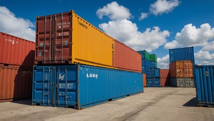 Sticker - Colorful shipping containers under a blue sky with fluffy clouds, representing logistics.