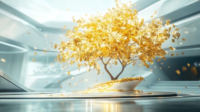 Gold tree adorned with money ribbons, placed against a dynamic futuristic background, creating an elegant and modern scene