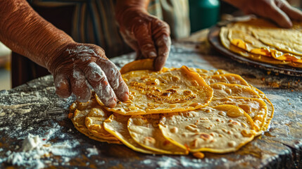 Wall Mural - A man is making tortillas on a table. The tortillas are stacked on top of each other and are being rolled up