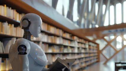 Poster - Humanoid robot reading a book in a modern library with bookshelves in the background. Concept of artificial intelligence and the integration of robots in education.