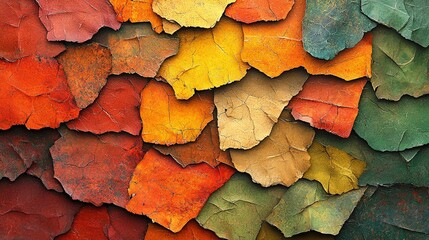 Sticker -   A detailed photo of a colorful wall adorned with various leaf shapes and sizes stacked on top of one another