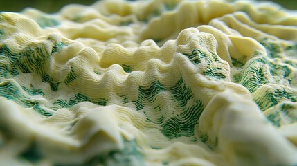 Wall Mural -   A close-up view of a cake with white frosting and green swirls on its icing