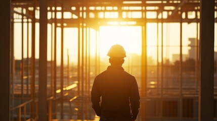 Wall Mural - Engineer Standing in Construction Site with Bright Light Generative AI