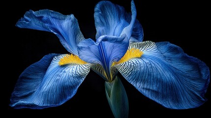 Sticker -   A macro shot of a blue blossom featuring yellow stamens amidst its center, set against a dark backdrop