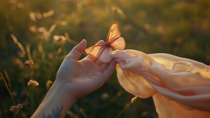 Sticker -  A woman cradles a butterfly in front of her face amidst a sea of green grass and vibrant wildflowers