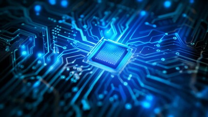 Poster - Close-up of a glowing microchip on a futuristic circuit board with intricate patterns. Advanced technology and digital innovation in electronics.
