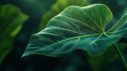 Poster -   A leaf sits atop a green field of green leaves under the sun