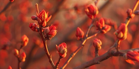 Wall Mural - Crimson tree buds burst forth heralding nature s vibrant renewal in a captivating display of color for the arriving season