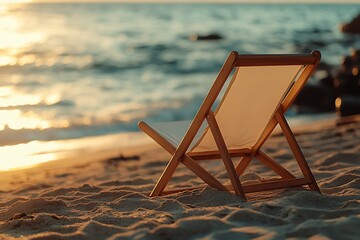 Wall Mural - Empty beach chair relaxing on sandy beach at sunset