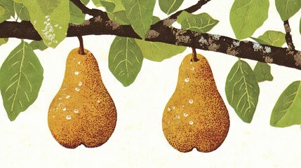 Sticker -  Two pears dangle from a tree branch with leaves and dripping water