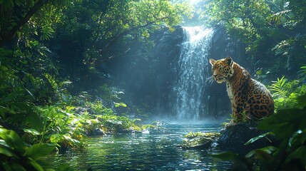 Canvas Print -   A tiger rests atop a rock before a tranquil waterfall cascades into the serene pool below