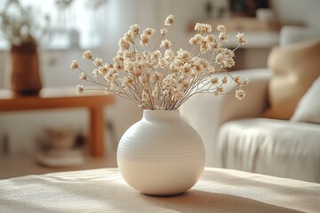 Wall Mural - A white vase with flowers sits on a table in a living room