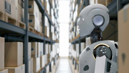 Aufkleber - Humanoid robot navigating through a high-density warehouse. Advanced robotics in industrial automation and logistics.