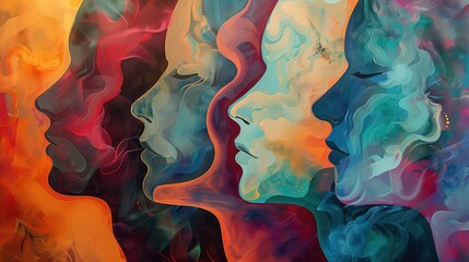 Poster - Abstract painting of four faces in profile, painted in a swirl of muted blue, yellow, and orange hues.