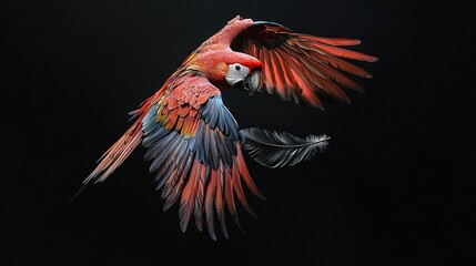   A red parrot in flight with wings spread and turned head