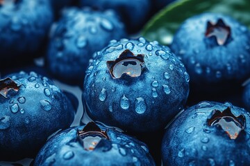 A close up of blue berries with water droplets on them