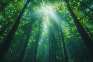 A forest with trees that are very green and the sun is shining through the trees