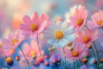 Wall Mural - A field of flowers with pink and white flowers