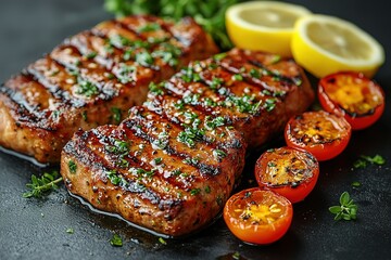 Wall Mural - A plate of meat and vegetables with a lemon wedge on the right