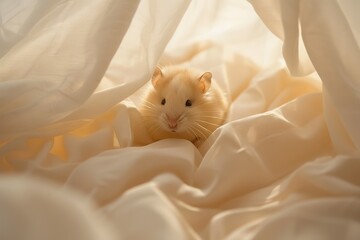 Adorable white hamster nestled in soft, white fabric, creating a cozy atmosphere