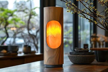 Wall Mural - A wooden lamp with a light shining through a hole in the middle