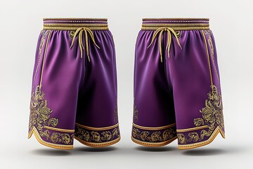 Two purple shorts with gold trim